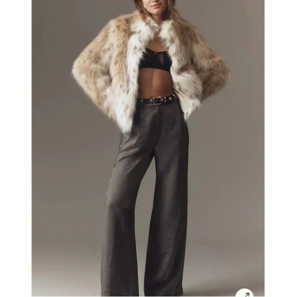 M13 Maeve Anthro Metallic Silver Wide Leg Trousers Pleated High Rise Pants 2